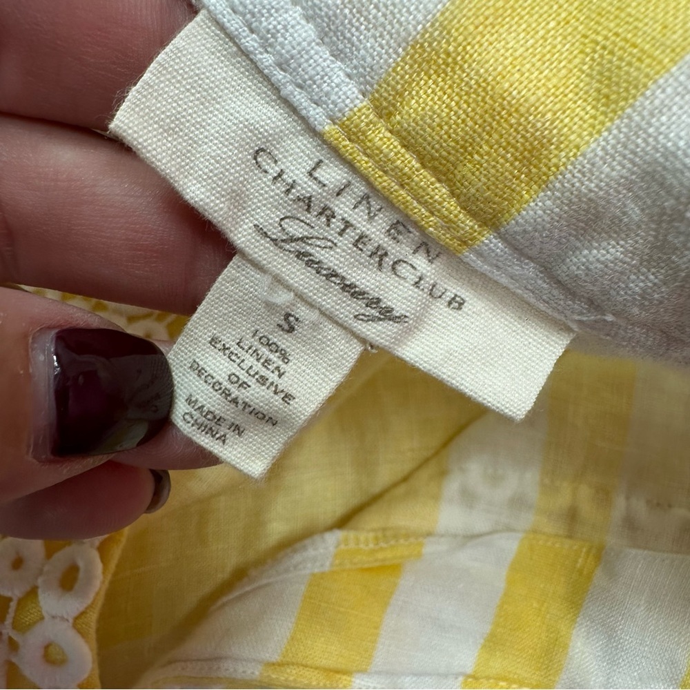 luxury linen charter club yellow stripe tunic sz small white crochet lace collar - Picture 5 of 7